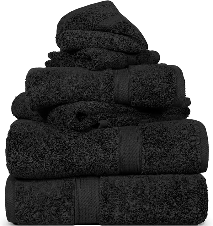 SUPERIOR Solid Egyptian Cotton Towel Set, Washcloths 13” x 13”, Hand Towels 20” x 30”, Bath Towels 30” x 55”, Black, 6-Pieces