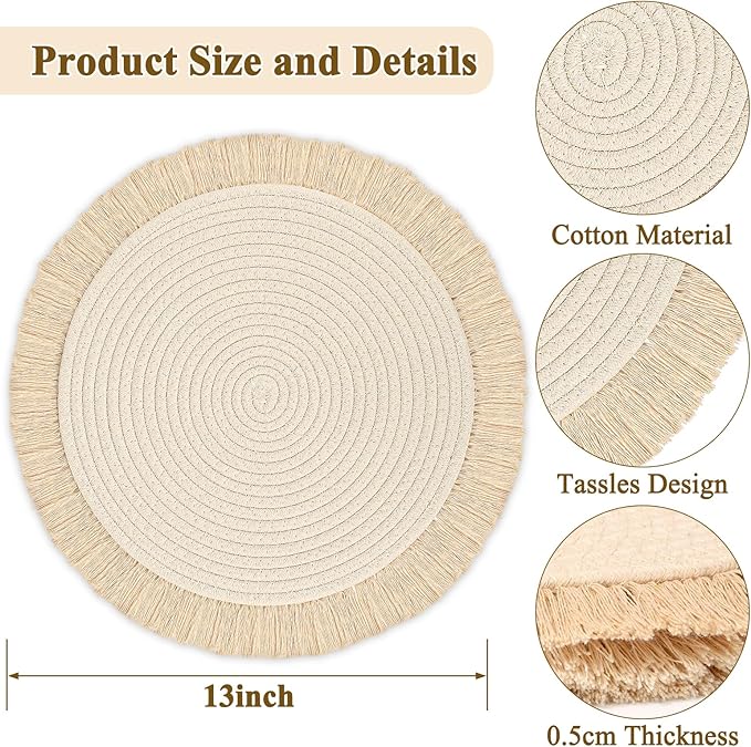 Round Placemats Set of 4 Table Mats 13Inch Washable Cotton Heat Resistant for Dining Table Decor, Farmhouse Thick Rustic Kitchen Placemats Non-Slip Hand Woven Boho Placemats for Thanksgiving Christmas