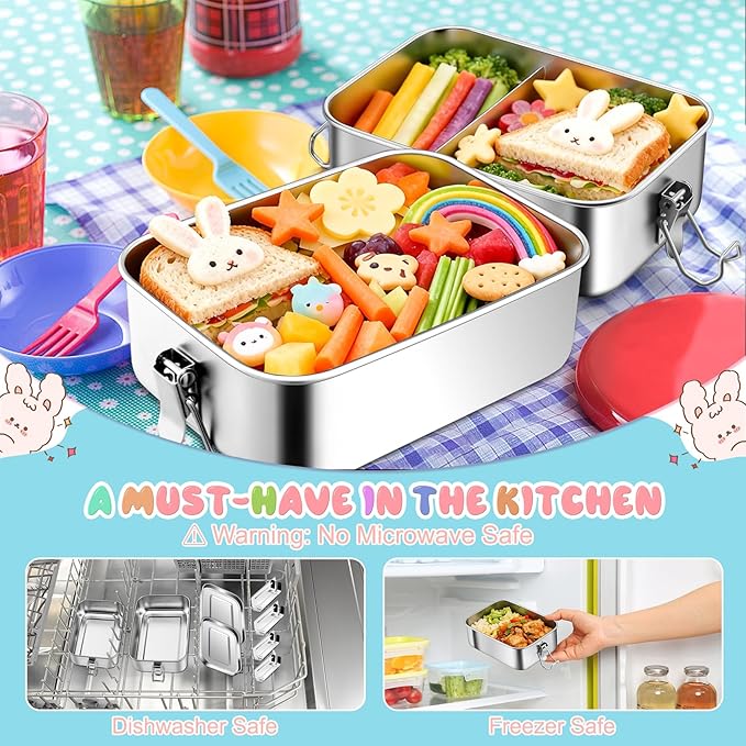 TeamFar Stainless Steel Bento Box, 2 Pack 28oz+47oz Metal Lunch Box with 3 Compartments for Adults Kids, 850ml+1400ML Lunch Food Containers for School/Work/Meal Prep, Leak-Proof & Dishwasher Safe