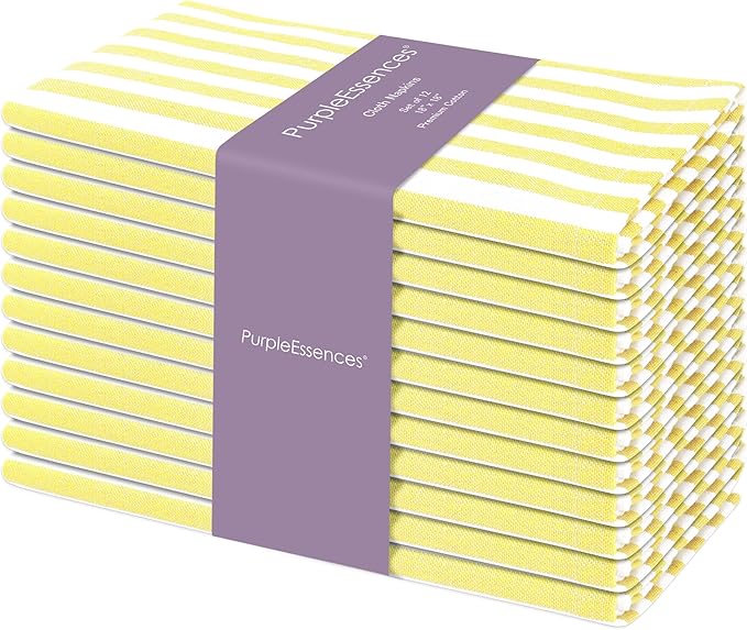 PurpleEssences Plain Striped Cloth Napkins - Set of 12-100% Cotton - 18 x 18 Inch - Spring Easter Summer and Perfect Everyday Use Dinner Napkin - Yellow and White
