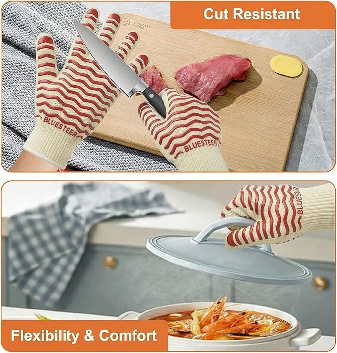 Oven Gloves 932°F Heat Resistant Oven Mitts with Fingers, Heat Proof BBQ Grill Gloves Silicone Grip Fireproof Gloves for Kitchen Cooking Grilling Baking