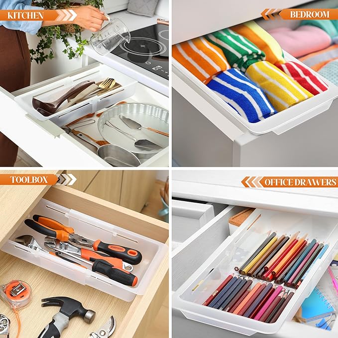 1 Pack Deep Drawer Organizer Bins, Adjustable Sliding Drawer Organizer Bin Expandable Tray for Kitchen Utensils, BBQ Tools, Towels, Durable Plastic Sliding for Easy Storage (12.4" to 18”)