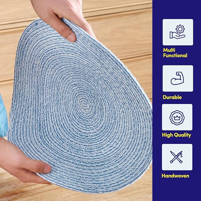 Round Placemats Set of 6-100% Cotton Two-Tone Placemat for Dining Table - Woven Braided Table Setting Place Mat - Washable Table Decor for Kitchen, Farmhouse, Rustic, Everyday Use, Dark Blue