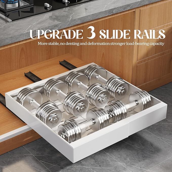 Seinloes 4 Pack Expandable Pull Out Cabinet Organizer 21"Deep With Raising Pad for Framed Cabinets,Upgrade 3 Slide Rails Slide Out Drawers,No Drill Roll Out Shelves,Adjustable Width 12.1"-20.4" White