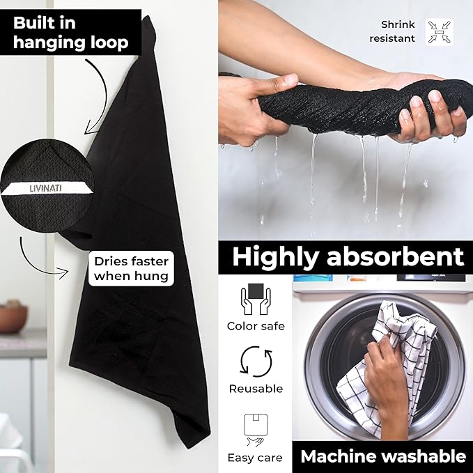 Cotton Dish Towels For Kitchen Drying - Highly Absorbent Wide Black Striped Plaid Tea Towels - 18"X28" Set Of 6 Farmhouse Linen Dishtowels In Bulk - Pano De Prato Para Cozinha - T Towles Towls