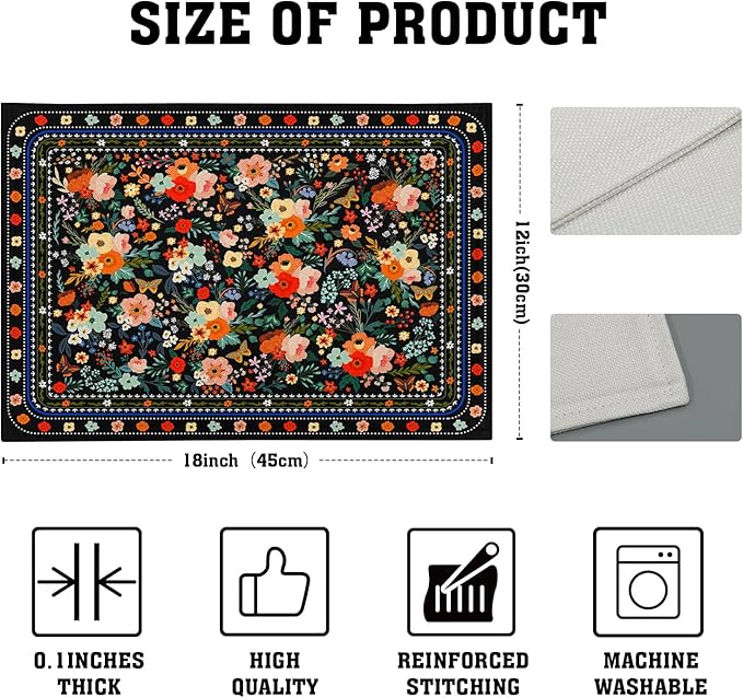 Vintage Flowers Linen Placemat Set Black Wildflower Table Mats for Home Kitchen Dining Decoration 12 X 18 in Floral