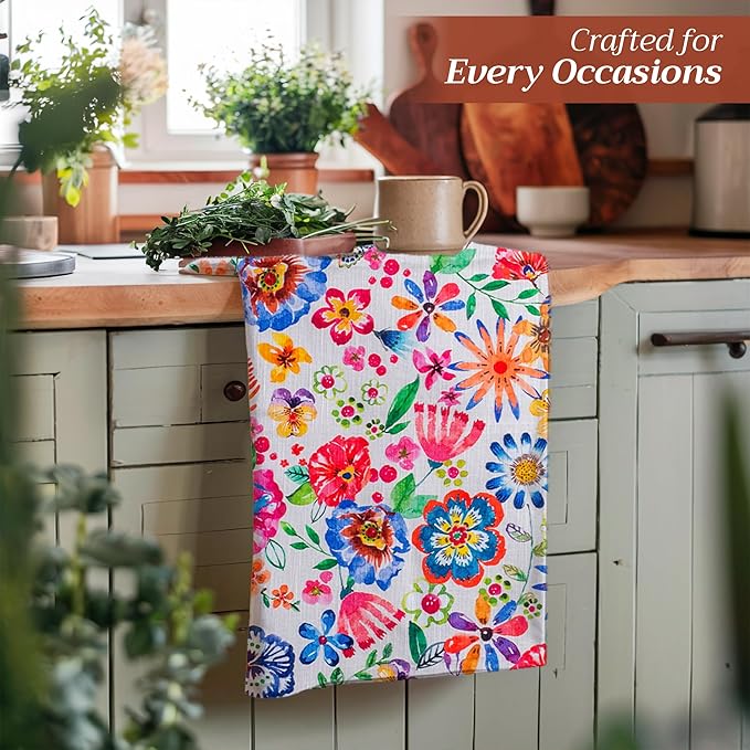 Maison d' Hermine Kitchen Towels Set of 3 100% Cotton 27.50" x 20" Reusable Cloth Tea Dish Towels Absorbent with Hanging Loop for Gifts for Mothers Day Spring/Summer (Happy Florals - High Summer)