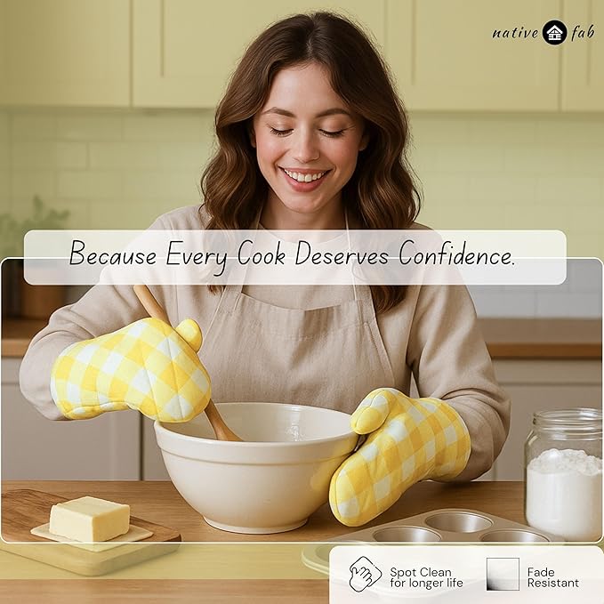 Native Fab Buffalo Plaid Check Oven Mitts and Pot Holders Set of 4, 100% Cotton Heat Resistant Kitchen Gloves, 2 Oven Mitts (7x13), 2 Pot Holders (8x8) for Cooking & Baking, Lemon Yellow White