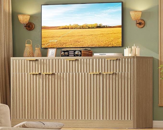usikey Large Buffet Cabinet with Storage & Drawers, Sideboard Cabinet with 2 Adjustable Shelves & 4 Doors, Coffee Bar Station, Kitchen Storage Cabinets, Natural
