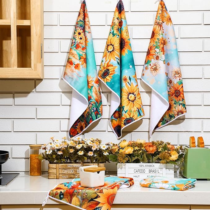 Bencailor 6 Pcs Sunflower Kitchen Towels Sunflower Absorbent Dish Towels Colorful Decorative Tea Watercloth for Summer Kitchen Cooking Home Cleaning, 16 x 24 Inches
