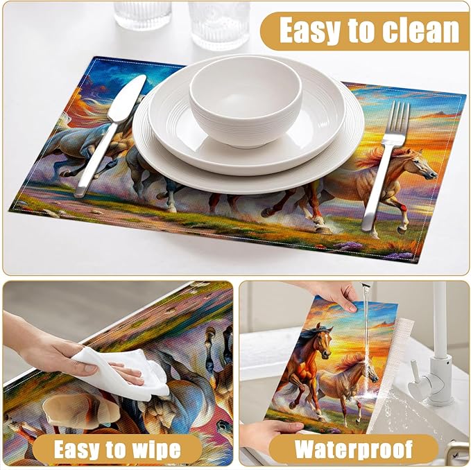 Watercolor Horse Running Placemats Set of 6, Linen Place Mat Washable Stain Resistant Table Mats for Farmhouse Kitchen Dining Holiday Party Wedding Decor 12x18 Inch