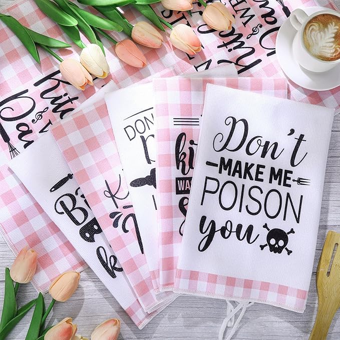 Bencailor 6 Pcs Pink White Kitchen Towels Do Not Make Me Poison You Decorative Sets Dish Towels Absorbent Fast Drying Hand Tea Vintage Hanging Reusable Cleaning Dishcloths for Cooking Farmhouse