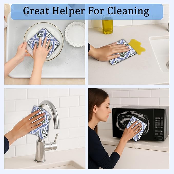 Ridhi Light Steel Blue Hand Block Print Cotton Waffle Dish Cloth Set of 12-12x12 Inch Super Absorbent, Soft, Reusable Kitchen Towels for Dish Drying Cleaning, Ideal for for Spring, Easter, Valentine