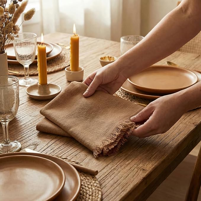 ACCENTHOME Brown Cotton Linen Napkin Set of 12 18x18 inch Dinner Napkins - Washable Soft Premium Hotel Quality Reusable Hemmed Edges Napkins Perfect Table Linens for Family Dinners, Weddings