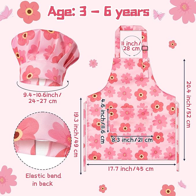 GROBRO7 4Pcs Pink Theme Kids Apron and Chef Hat Set Gift for Girls, Floral Butterfly Adjustable Kitchen Beginner Toddler Aprons with 2 Pockets Waterproof Smocks for Baking Cooking Painting Training