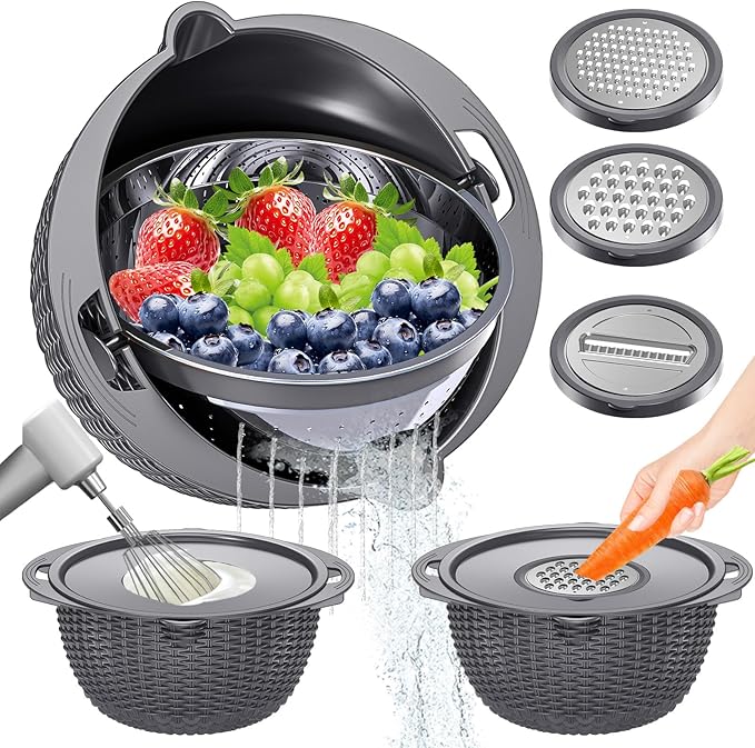 4-1 Colander with Lid Set - Rotatable Strainer With Bowl(Patented), Pasta Strainer with New Upgraded Graters, Strainer And Colanders, Fruit Cleaner, Veggie Wash, Apartment Kitchen Gadgets - Grey