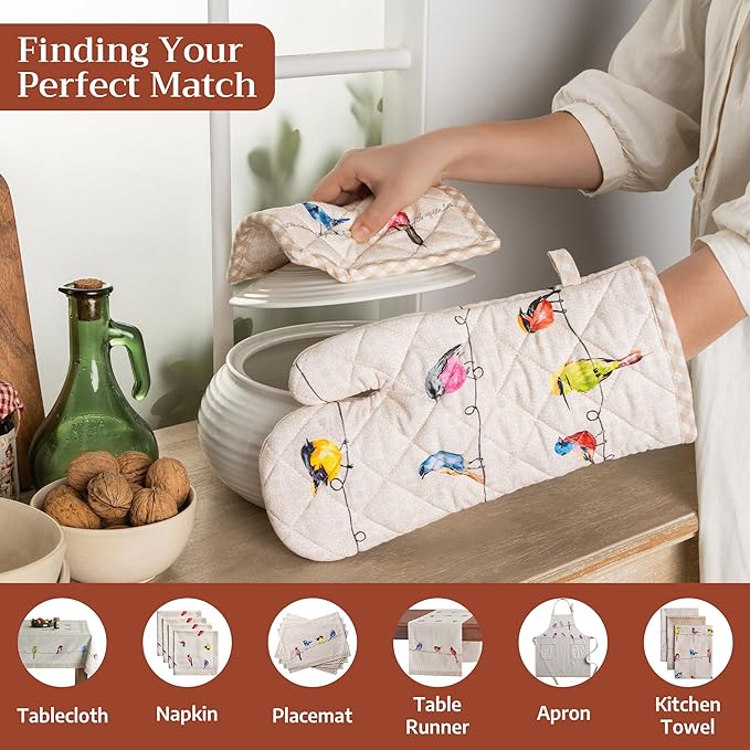 Maison d' Hermine 100% Cotton Oven Mitt & Pot Holder Set (7.5"x13" & 8"x8") Heat Resistant Cooking Gloves with Loop Baking Grilling Kitchen Gifts for Mothers Day Spring/Summer (Birdies on Wire)