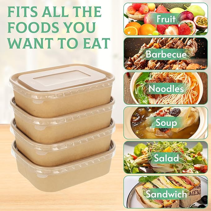 50 Pack 22oz Disposable Kraft Paper Bowls with Lids, Rectangle Meal Prep Containers Bulk, Large Paper Salad Bowl, Leakproof Food Containers Treat Soup Serving Bowls, Microwave Safe for Hot/Cold Food