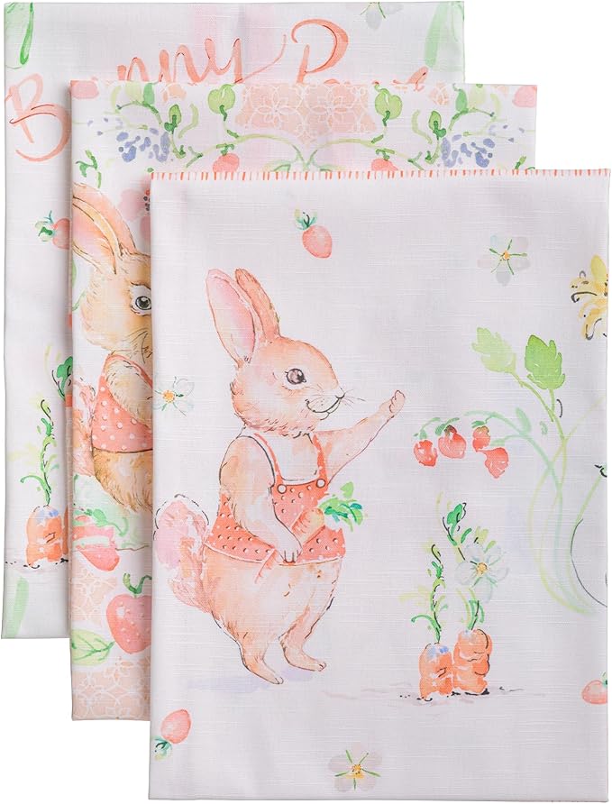 Maison d' Hermine Kitchen Towels Set of 3 100% Cotton 27.50" x 20" Reusable Cloth Tea Dish Towels Absorbent with Hanging Loop for Kitchen Gifts for Mothers Day Spring/Summer (Bunny Party)