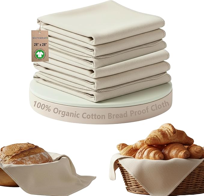 WHITEWRAP Unbleached Flour Sack Towels for Bread Proofing, Cotton Bread Cloth for Sourdough, Baguette & Ciabatta Dough, Reusable Baking Cloth, Proofing Towel 28"x28", Set of 6