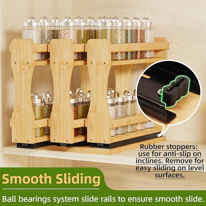BAMEOS Pull Out Spice Rack Organizer for Cabinet, Bamboo Wide 7.7" Slide Out Seasoning Organizer for Kitchen, No Drill Anti-Tip Ball Bearing Silent Glides, Pantry Cabinet Organizer, Natural