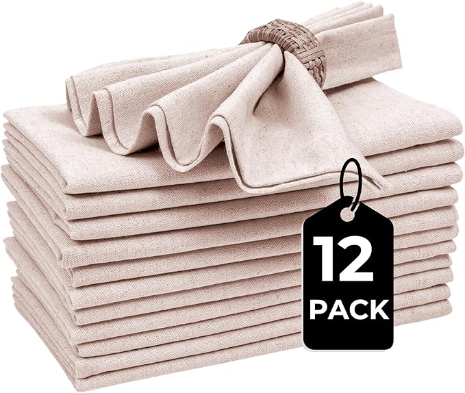 Linen Flax Cotton Cloth Dinner Napkins Set of 12 – 18x18 Natural Hemstitched Reusable Fabric Napkins for Weddings, Parties, Dinners & Table Décor – Elegant & Durable Bedding Craft