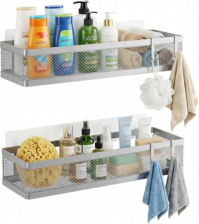PUSDON 16.5-Inch Extra Long Slim Mesh Shower Caddy, Wall Mounted Bathroom Organizer with Adhesive, Heavy Duty Rustproof Shelf for Narrow Kitchen Pantry & RV, Holds 50 LBS Silver Gray -2 Packs Netting