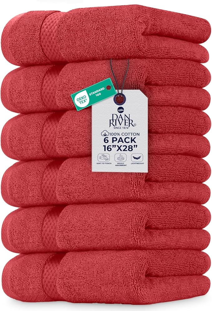 DAN RIVER 6-Pack Premium Hand Towels (16x28 Inches) - 100% Cotton, Ultra Soft, Lightweight, Highly Absorbent Towels for Bathroom, Spa, Gym, Salon, Hotel, and Travel - Red