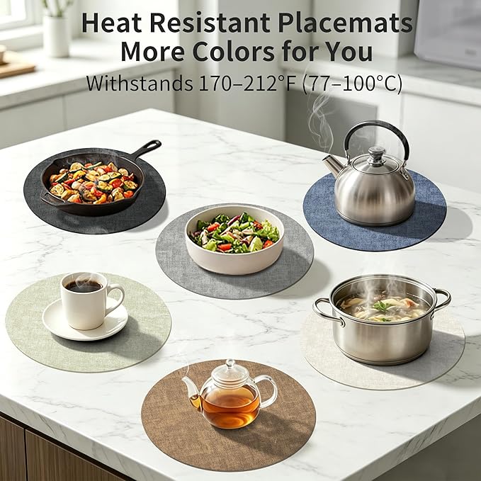 Maxpearl Round Placemats Set of 6, 13.8 inch Faux Leather Heat Resistant Table Mats, Non Slip Waterproof Wipeable Place Mats for Kitchen Dining Holiday Party Table Settings, Beige