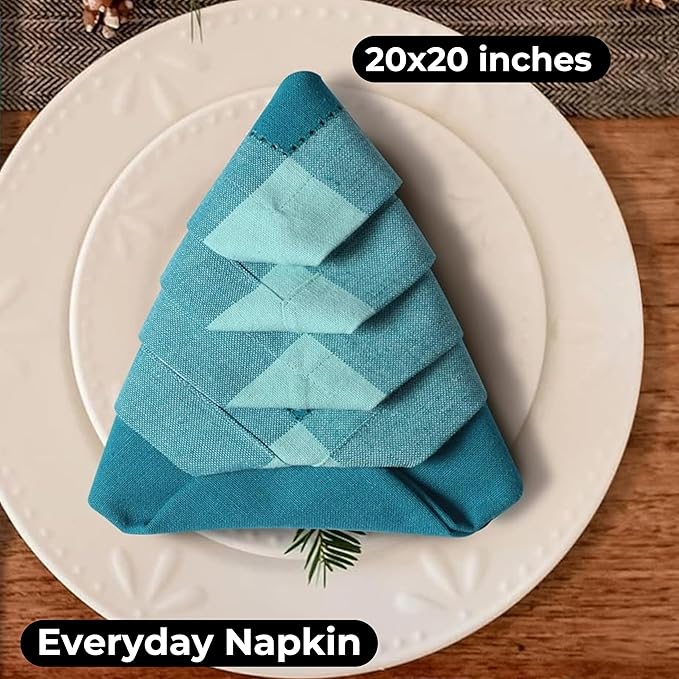 Homidate Cotton Cloth Dinner Napkins Set of 12 – 20x20 Teal Multi Double Hemstitched – Machine Washable Reusable Fabric Napkins for Weddings & Dinner Tables
