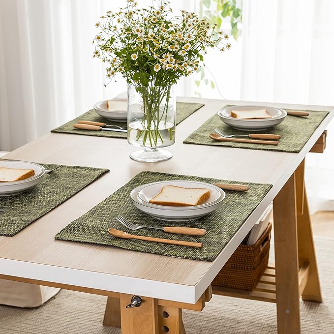 Kevin Textile Christmas Burlap Linen Placemats Set of 6 Heat Resistant Dining Table Place Mats Washable Kitchen Table Mats for Dinning Party Holiday Indoor Outdoor, 13 x19 inches, Peridot Green