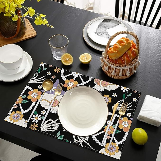 Hippie Peace Skeleton Floral Placemats Set of 6, Washable Heat Resistant Table Mat Linen Place Mats for Party Kitchen Dining Home Decor 12x18 Inch