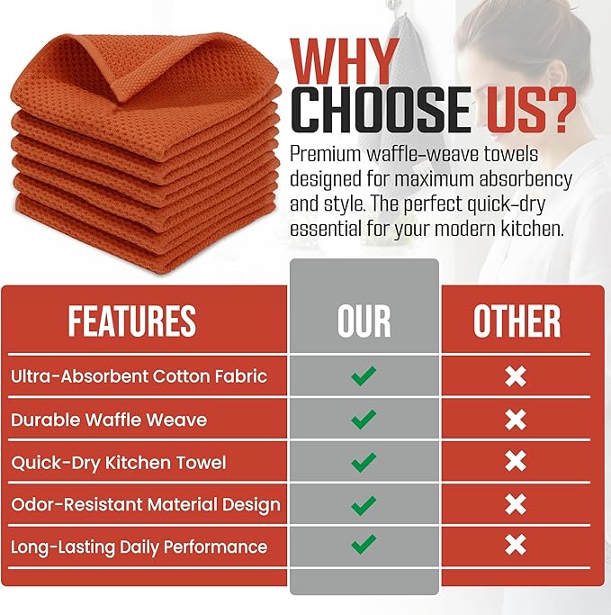 100% Cotton Waffle Weave Kitchen Dish Cloths 6-Pack– Ultra Absorbent & Quick Dry Cleaning Towels for Dishes, Counters & Kitchen Use – Soft, Durable & Lint-Free13.50 X 13.50 inches (Red)