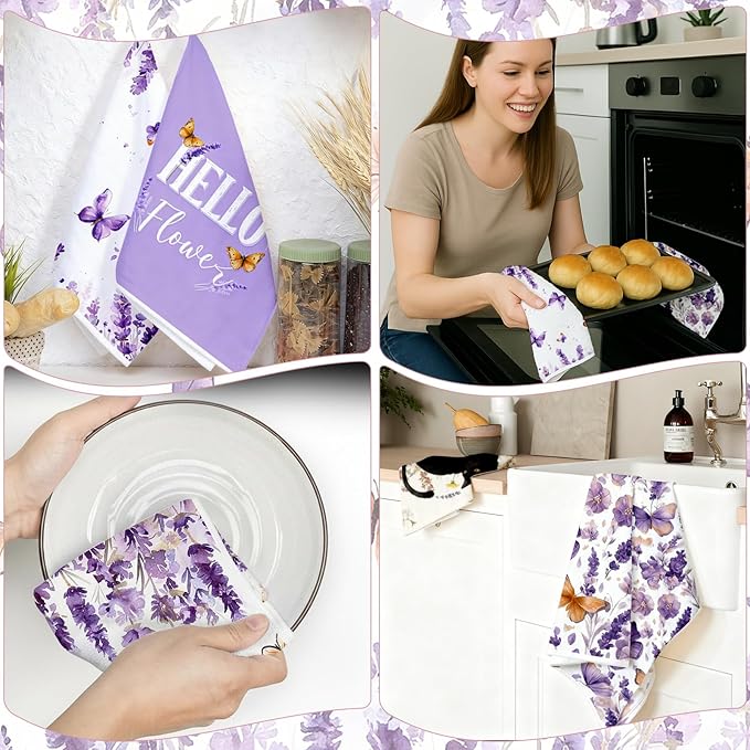 4Pcs Purple Lavender Kitchen Towels-16×24in Spring Floral Dish Towels, Super Absorbent Flower Holiday Decor Hand Towels for Kitchen Bathroom Home Easter Mother‘s Day Gifts