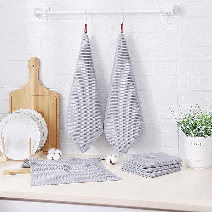 Kitinjoy 100% Cotton Kitchen Dish Cloths (12 X 12 Inches, Light Grey), 6 Pack Waffle Weave Ultra Soft Absorbent Dish Towels for Drying Dishes Quick Drying Kitchen Towels Dish Rags