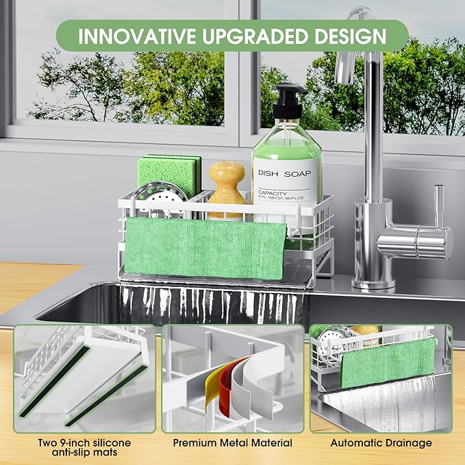 Self-Draining Kitchen Sink Caddy, Rustproof Non-Slip Sponge Holder with Detachable Dish Cloth Holder (White)