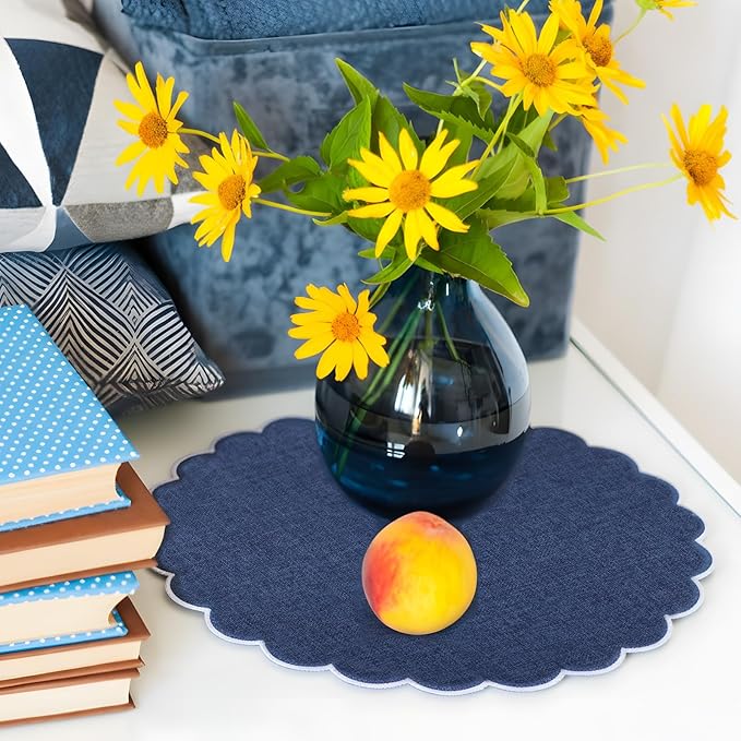 Set of 6 Round Placemats 15 Inch Cotton Scalloped Embroidery Placemat Washable Double Layered Rustic Dinner Table Mat Decor Fabric for Hotel Restaurant Kitchen(Navy Blue/White,Classic)