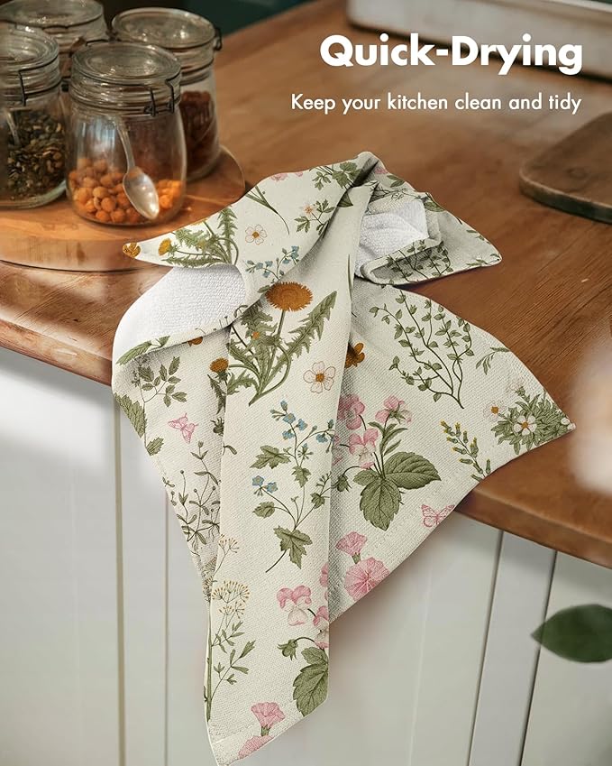 Miss Adola Cotton Kitchen Towels Set of 2 - Cute Design 16×26 Inch Dish Towels for Kitchen with Hanging Loop Line Flower Quick Dry Hand Towels Soft & Absorbent, Decorative Terry Cloth Tea Towels