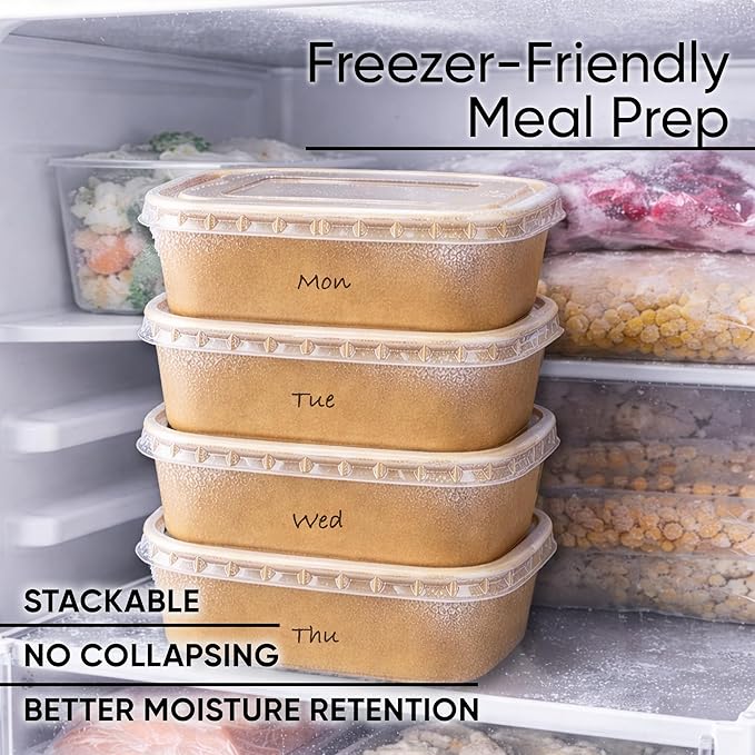 Leafiew 50 Pack 35Oz Disposable Meal Prep Containers With Lids - Microwave and Freezer Safe Kraft Paper Bowls with Lids and Forks - Disposable Food Containers - To Go Bowls for Food Prep and Salad
