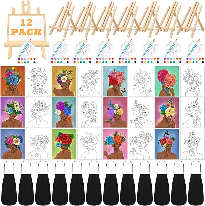 Motipuns 12 Set Pre Drawn Canvas for Painting for Adults Sip and Paint Kit with Easels 12 x 16 Inches Paint Party Kit with Printed Canvas Paints Brushes Palette Bag Apron