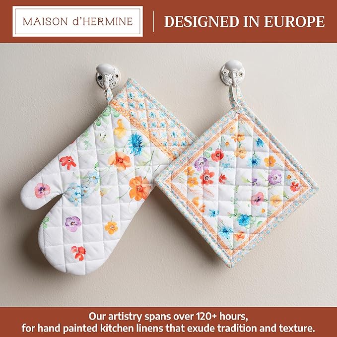 Maison d' Hermine 100% Cotton Oven Mitt & Pot Holder Set (7.5"x13" & 8"x8") Heat Resistant BBQ Cooking Gloves with Loop Baking Grilling Kitchen Gifts for Mothers Day Spring/Summer(Summer Whisper)