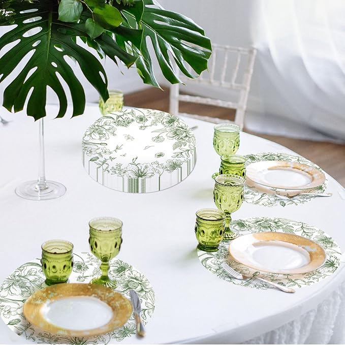 50 Pack Paper Placemats Disposable Green Floral Placemats 13.7 Inch Vintage Sage Green Flower Place Mats Chinoiserie Round Table Mats for Dinner Table Setting Birthday Wedding Party Supplies