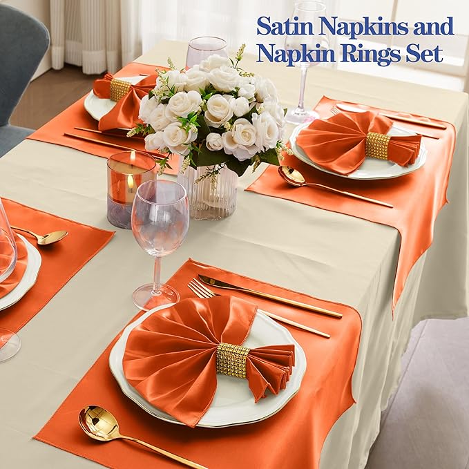RUDONG M 100 Pcs Orange Satin Napkins and Napkin Rings Set, 17 x 17 Inch Square Cloth Napkins Set of 50, Silky Soft Table Napkins Bulk for Weddings, Banquet, Parties Dinner Decoration