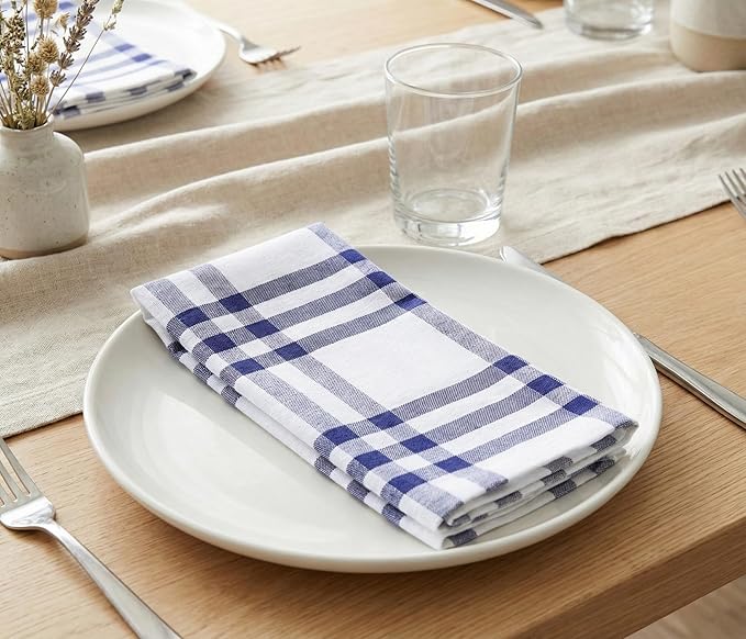 PurpleEssences Homestead Plaid Cloth Napkins - Mitered Corners - Spring Easter Summer - Check Dinner Napkin - Set of 12-100% Cotton - 18x18 Inch - Reusable Washable - Blue and White