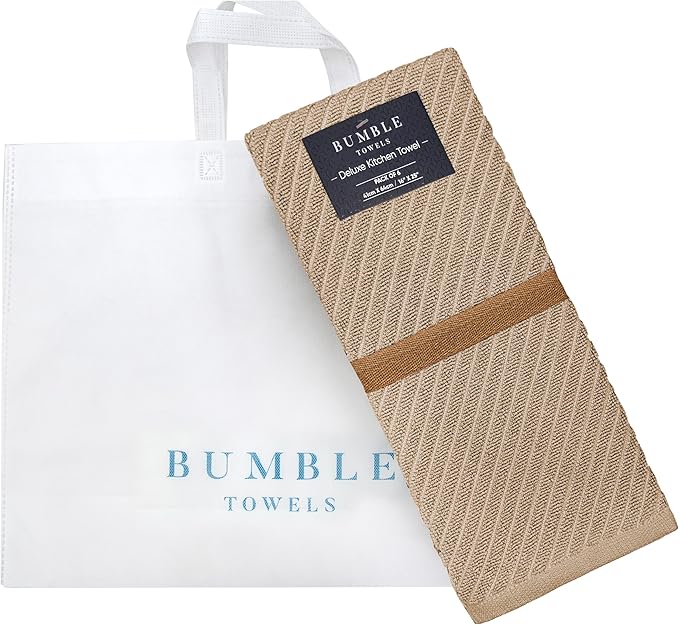 Premium Kitchen Towels (16”x 25”, 6 Pack) | Large Cotton Kitchen Hand Towels | Dish Towels | Diagonal Weave Design | 445 GSM Highly Absorbent Tea Towels Set with Hanging Loop | Tan