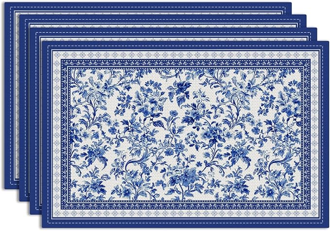 Blue Floral Branches linen Placemats Set of 4, 12 x 18 Inch Chinoiserie Table Mats Washable Non-Slip Heat Resistant Linen Fabric Rectangle Place Mats for Indoor Outdoor Party Kitchen Dining Home Decor