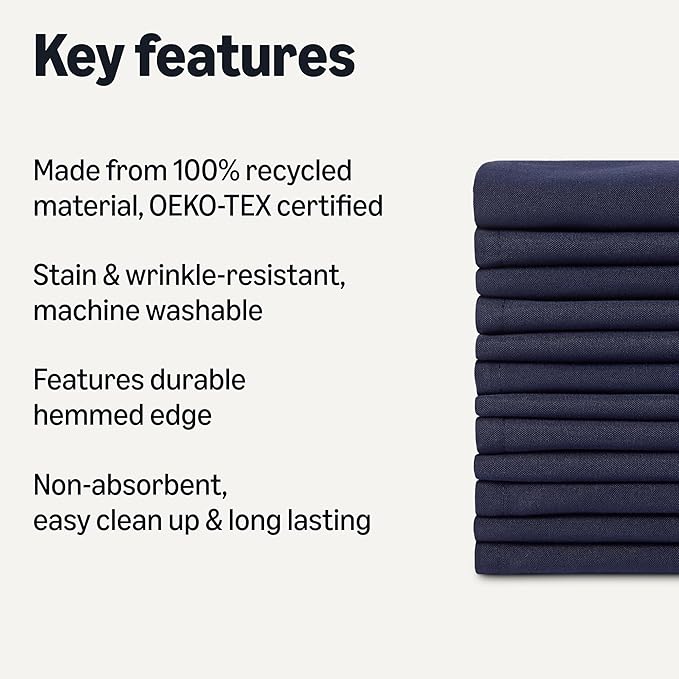 Amazon Basics Reusable Stain and Wrinkle Resistant Cloth Napkins, 100% Recycled Polyester, Machine Washable, 17 x 17 inches, Blue, 12-Pack