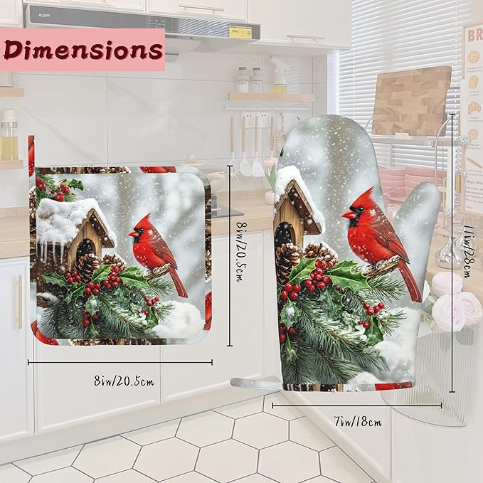 Cardinal Heat-Resistant Silicone Oven Mitts and Pot Holder 4 Piece Set,Christmas Berry Non-Slip Kitchen Oven Gloves for Baking, BBQ, Cooking,Grilling