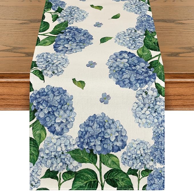 Artoid Mode Watercolor Hydrangea Table Runner, Spring Summer Seasonal Kitchen Dining Table Decoration for Indoor Outdoor Home Party Decor 13 x 72 Inch