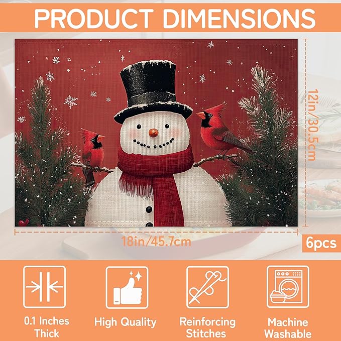 Christmas Snowman Placemats Set of 6,Cardinal Washable Kitchen Dining Linen Table Mats for Home Party Dinner Indoor Outdoor 12x18Inch